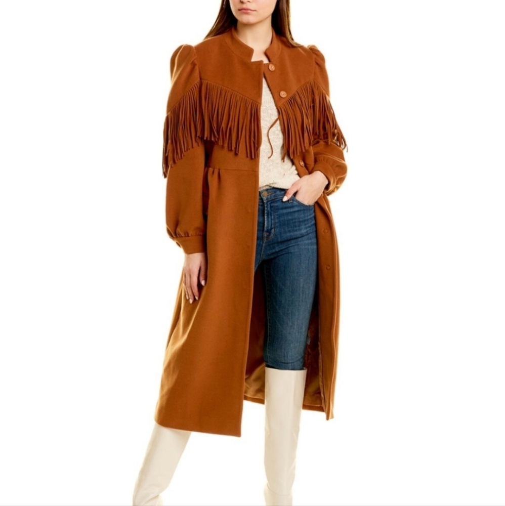 Something Navy Camel Dakota Fringe Long Coat XS